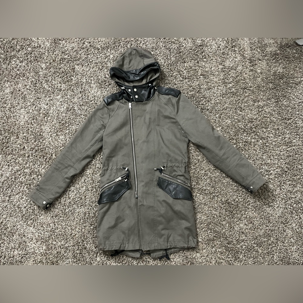 The kooples leather cotton biker coat olive grey size 44 medium